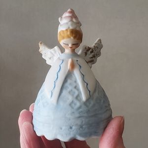 Lefton Hand Painted Blue Praying Angel Bell Matte Finish Vintage Christmas EUC